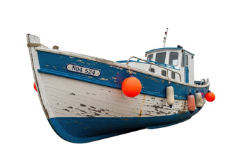 Weathered blue and white fishing boat PNG isolated on transparent background, nautical vessel with buoys and cabin for marine design © Finn