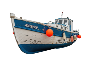 Weathered blue and white fishing boat PNG isolated on transparent background, nautical vessel with buoys and cabin for marine design