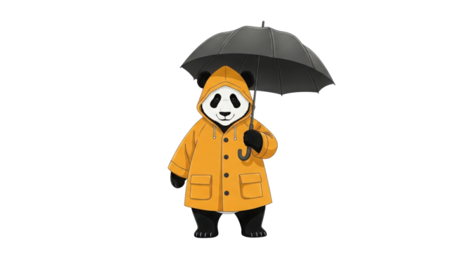 Panda bear in yellow raincoat holding umbrella isolated PNG with Transparent Background - Powered by Adobe