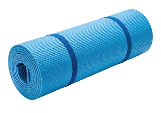 Rolled up blue yoga mat PNG isolated on transparent background, fitness equipment for exercise and workout