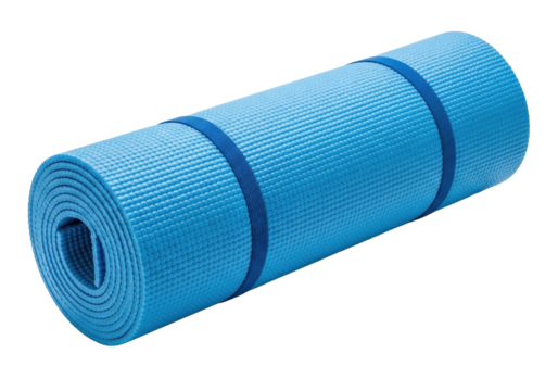 Rolled up blue yoga mat PNG isolated on transparent background, fitness equipment for exercise and workout