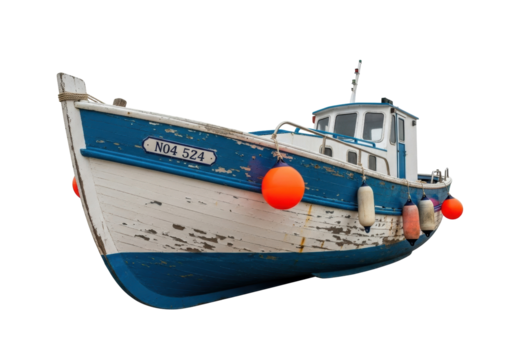 Weathered blue and white fishing boat PNG isolated on transparent background, nautical vessel with buoys and cabin for marine design