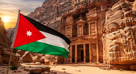 Jordanian Flag Waves Proudly in Front of the Ancient Treasury in Petra.