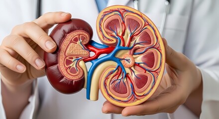 Close-up of a medical professional displaying a detailed kidney model for educational and healthcare explanation purposes.