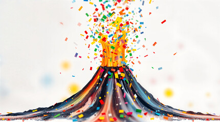 Colorful confetti erupts from vibrant volcano creating a festive atmosphere in a playful scene