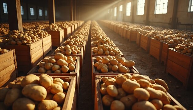 Vast warehouse filled with rows of wooden crates overflowing with fresh potatoes. Sunlight streams through windows illuminating produce. Agricultural harvest stored for distribution. - Powered by Adobe