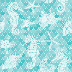  Seamless background with  seahorses, shells, nautilus,  starfish on waves. Art marine background. Vector. Perfect for design templates, wallpaper, wrapping, fabric, print and textile. 
