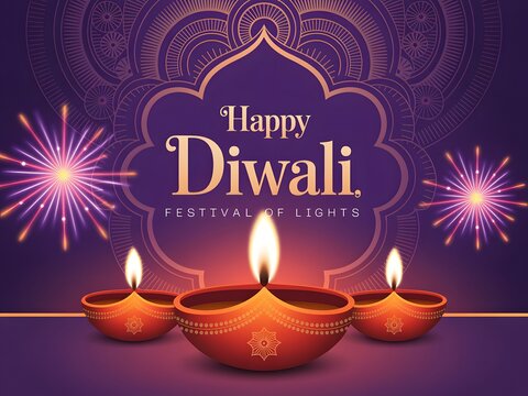 Happy diwali greeting card with lamps and fireworks