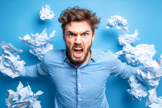 Person tearing apart paper in frustration against a blue background Generative AI