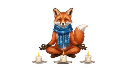 Fox wearing a scarf in yoga lotus position with candles isolated PNG with Transparent Background