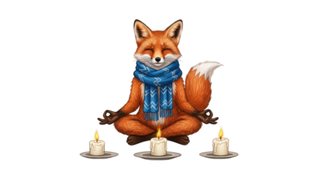 Fox wearing a scarf in yoga lotus position with candles isolated PNG with Transparent Background