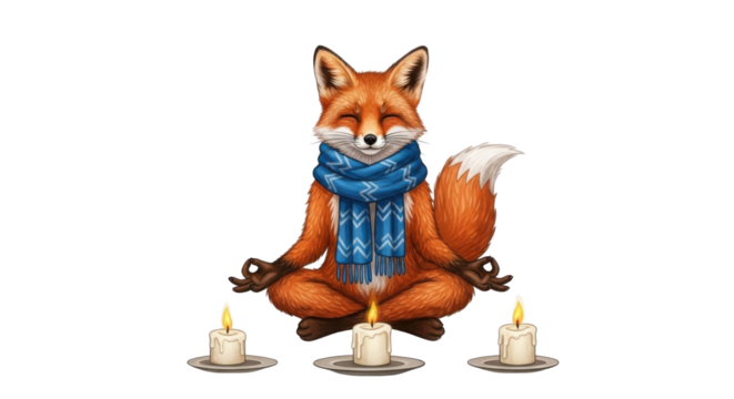 Fox meditating with burning candles isolated PNG with Transparent Background