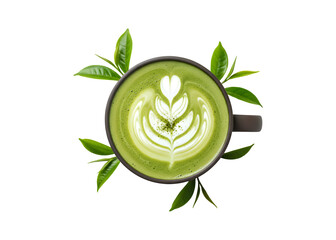 A top view of a cup of green tea matcha latte with foam art, sprinkled with powder and fresh leaves, set against a white background.


