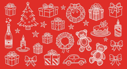Naklejka premium Festive Christmas pattern with gifts, tree, wreaths, cake, champagne, candles, teddy bears, car, stars, and bows on a red background.