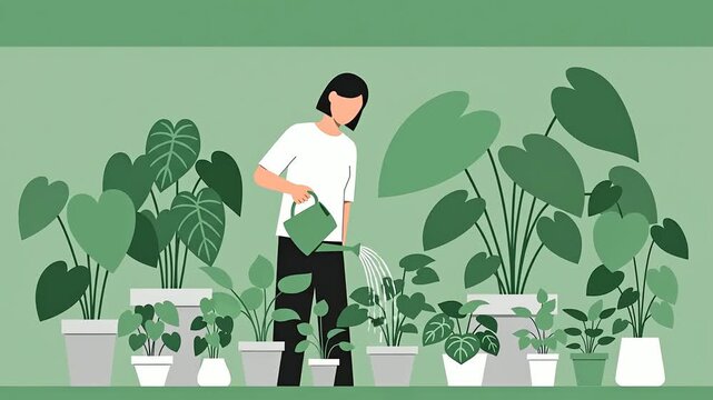 Illustrated Animation of a Woman Watering Her Indoor Houseplant Collection.