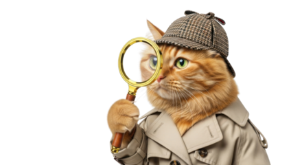 Cat dressed as Sherlock Holmes using a magnifying glass isolated PNG with Transparent Background