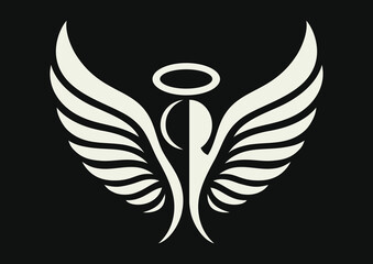 Black and white illustration of an angel with halo her head