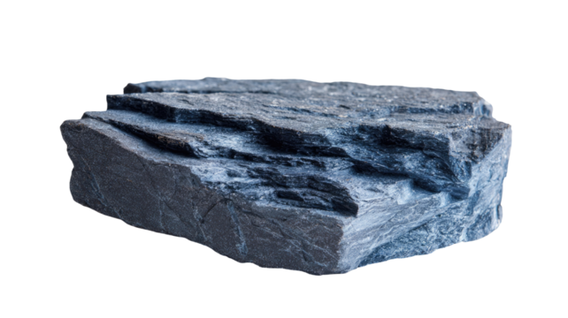 Macro close-up of a single rough piece of black fossil fuel coal mineral rock stone, isolated on a white background, showing its carbon texture