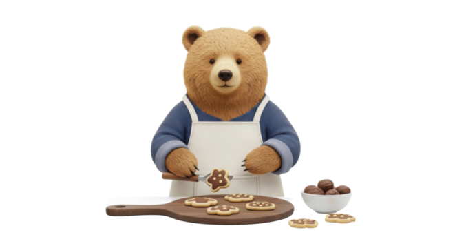 Cute bear in apron decorates cookies isolated PNG with Transparent Background