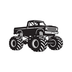 Monster truck silhouette vector illustration. Big wheel off road vehicle isolated on white background. Heavy pickup car with giant tires icon.
