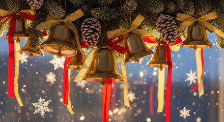 Beautiful Christmas Ornaments with Golden Bells and Red Ribbon.