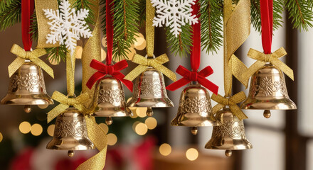 Festive Christmas Background with Bells and Bokeh Lights.