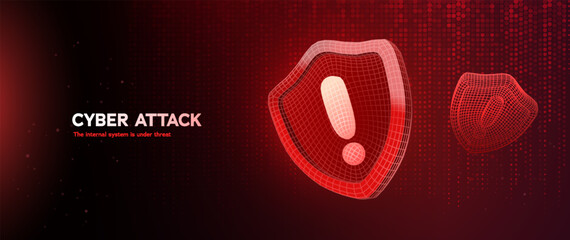 Cyber Attack Warning With Red Shield And Exclamation Mark On Digital Background Showing System Threat. Cyber Attacks And Security Alerts. Vector Illustration
