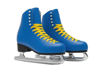 Pair of blue figure skates with yellow laces isolated PNG, ice skating equipment for winter sports and recreational activities