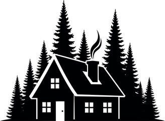 Black silhouette of a cozy house surrounded by tall pine trees