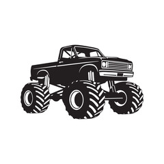 Monster truck silhouette vector illustration. Big wheel off road vehicle isolated on white background. Heavy pickup car with giant tires icon.
