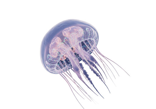 Translucent jellyfish with long tentacles isolated on transparent PNG, marine animal with iridescent colors for science and ocean life concepts - Powered by Adobe