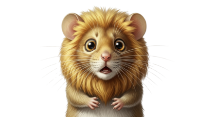Cartoon portrait of a hamster with a lion's mane and surprised expression isolated PNG with Transparent Background