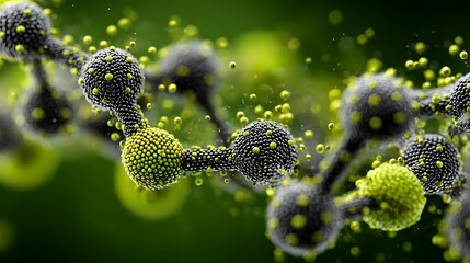 3D Illustration of Abstract Molecular Structure with Green and Black Color Palette Representing Biotechnology Concepts