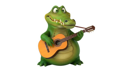 Obraz premium Funny alligator playing guitar isolated PNG with Transparent Background