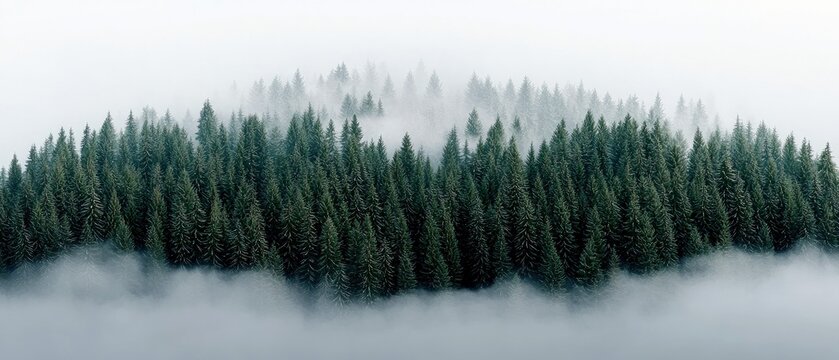 A dense forest of tall evergreen trees is partially obscured by thick white fog, creating a serene and atmospheric natural landscape.