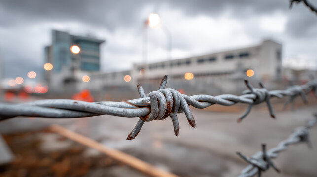 Close up view of rusty barbed wire fence with blurred urban buildings and cloudy sky in the background creating moody atmosphere security barrier concept