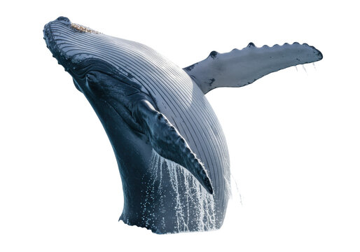 Humpback whale breaching isolated on transparent PNG, majestic marine mammal jumping out of the water for wildlife and conservation themes