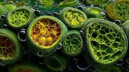Close-up View of Vibrant Green and Yellow Microstructures in Abstract Nature Background with Bubbles