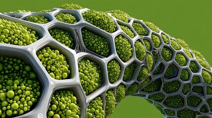 Abstract Display of Green Organic Patterns with Hexagonal Structures and Fuzzy Sphere Textures
