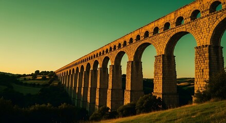 Fototapeta premium Ancient Roman Aqueduct Bridge Spanning a Valley at Sunset.