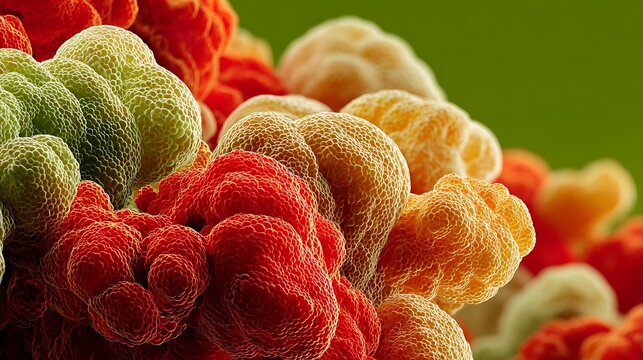 Abstract close-up of colorful organic shapes resembling coral formations in vibrant hues and textures - Powered by Adobe