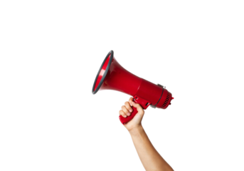 People hand holding a red megaphone for a loud business announcement and communication