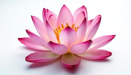 Pink lotus flower isolated on white background. Petals show delicate lines and soft gradients. Center reveals bright yellow stamens. Represents purity, peace, spiritual growth. Nature beauty close up.