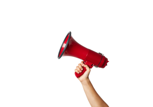 People hand holding a red megaphone for a loud business announcement and communication