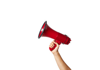 People hand holding a red megaphone for a loud business announcement and communication