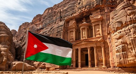 Jordanian Flag Waving in Front of the Treasury in Petra, Jordan.