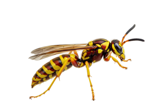 Eastern yellowjacket wasp isolated on transparent PNG, detailed close-up of insect with yellow and black markings for nature studies