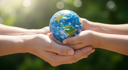 Hands holding a small globe symbolizing environmental protection and global care.