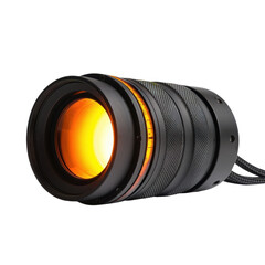 High tech lens photography equipment innovation modern technology optics gear black orange glowing