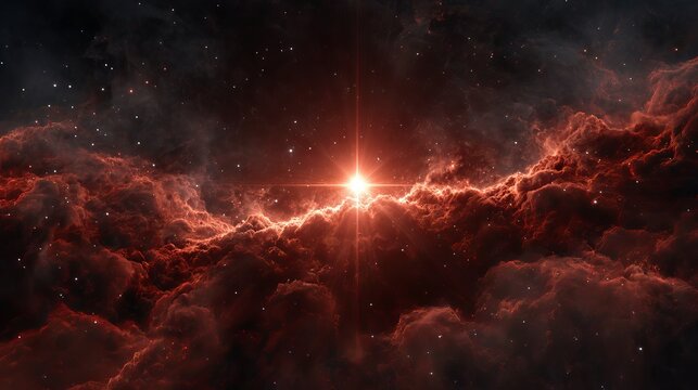 Red cosmic nebula with bright central star glowing in dark outer space with swirling gas clouds astronomy background for science and galaxy themed design